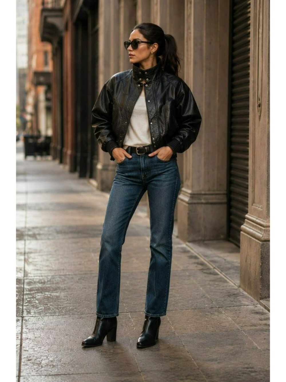 deNaive Leather Moto Bomber Jacket Womens Large Black Snap High Collar - Picture 10 of 14